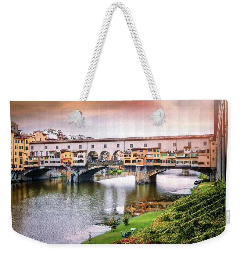 Florence Weekender Tote Bag featuring the photograph Sunset at Ponte Vecchio Florence Italy by Carol Japp