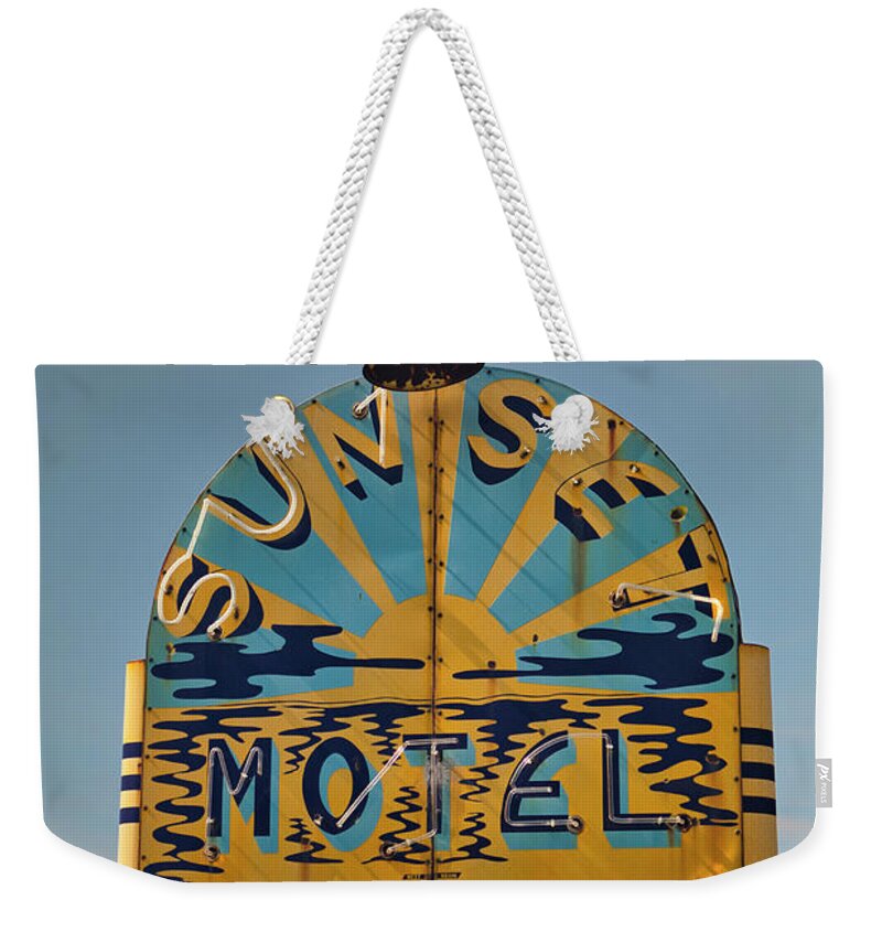 Sunset Weekender Tote Bag featuring the photograph Sunset at Sunset Motel by Andrea Smith