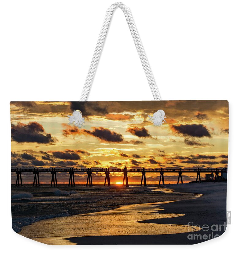 Sun Weekender Tote Bag featuring the photograph Sunset at the Pensacola Beach Fishing Pier by Beachtown Views