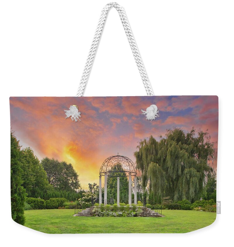 August Garden Weekender Tote Bag featuring the photograph Sunset at the Temple of Love by Marilyn Cornwell