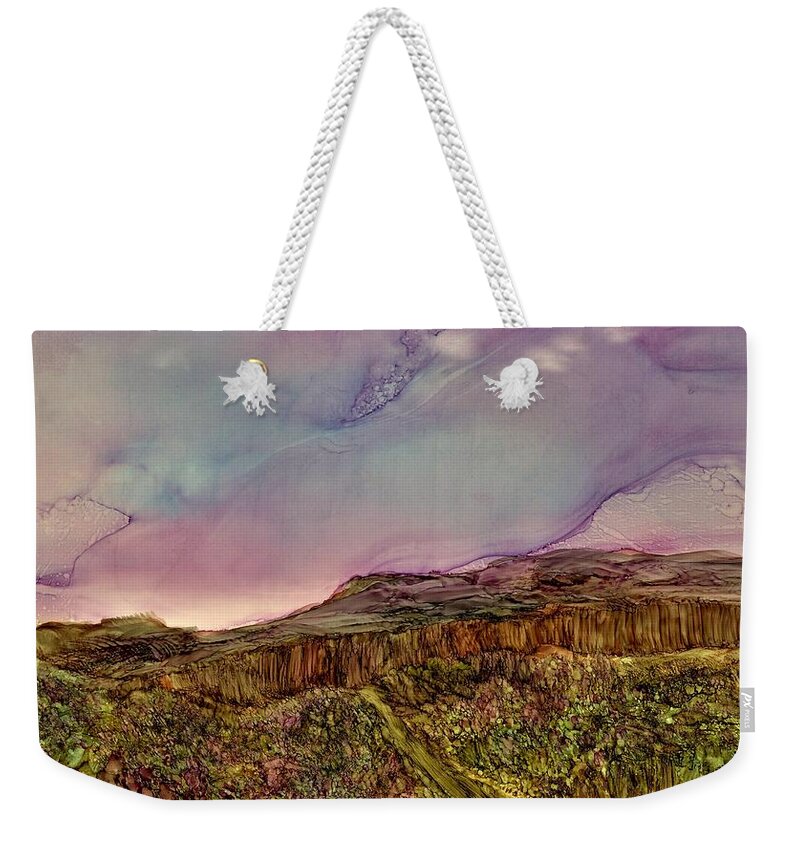 Bright Weekender Tote Bag featuring the painting Sunset at Wild Rivers by Angela Marinari