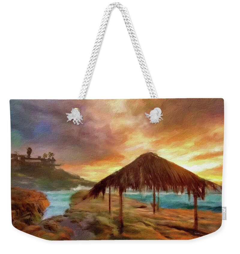 Windansea Weekender Tote Bag featuring the digital art Sunset at Windansea's Surf Shack by Russ Harris