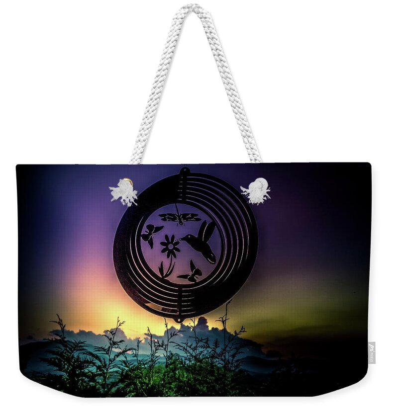 Windchime Weekender Tote Bag featuring the photograph Sunset Behind Windchime by Demetrai Johnson