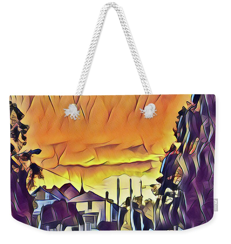 Sunset Weekender Tote Bag featuring the mixed media Sunset Down the Block by Christopher Reed