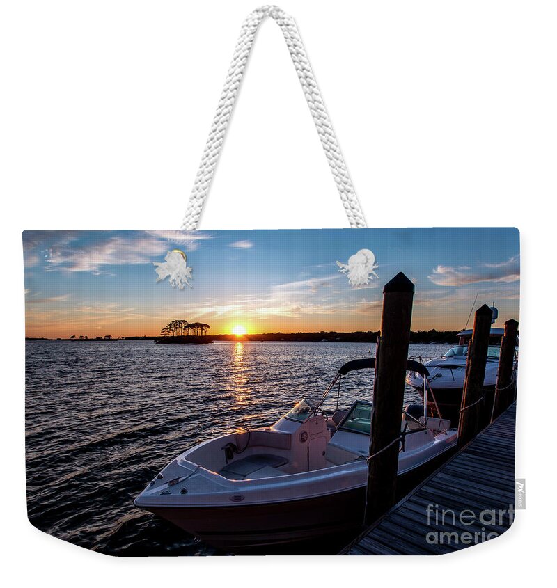 Boat Weekender Tote Bag featuring the photograph Sunset from the Boat Dock by Beachtown Views