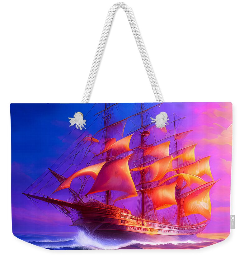 Ghost Ship Weekender Tote Bag featuring the digital art Sunset Ghost Ship by Lisa Pearlman