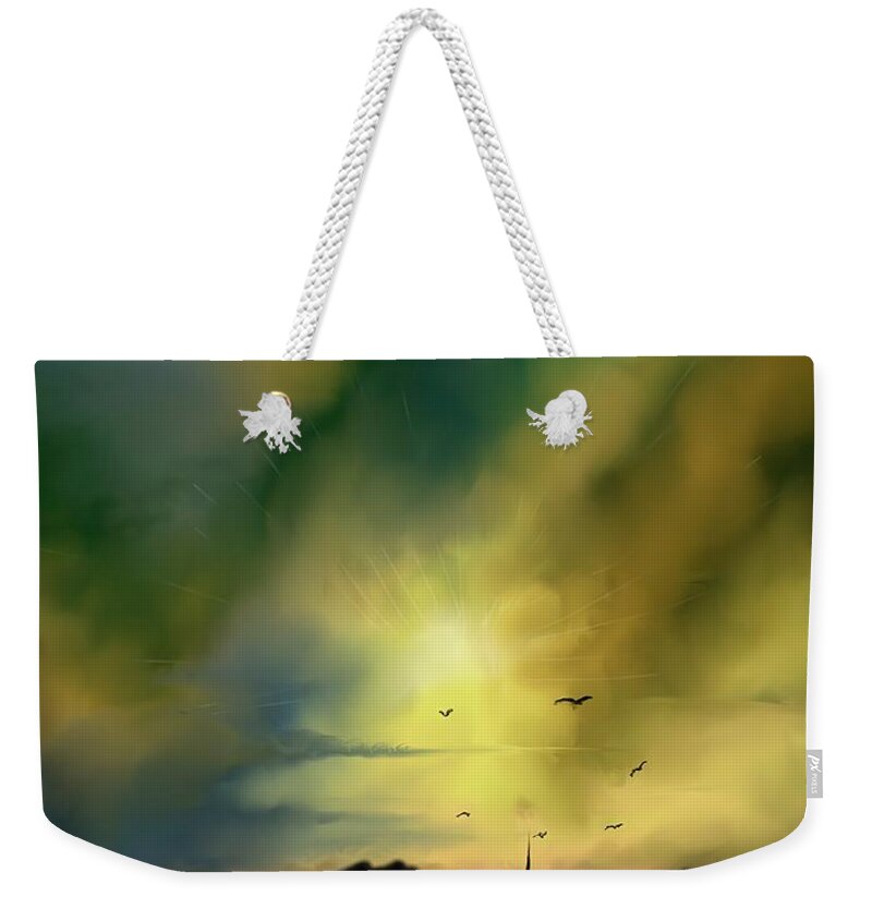 Sailboat Weekender Tote Bag featuring the digital art Sunset green sailboat by Darren Cannell