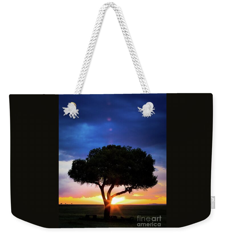 Mara Weekender Tote Bag featuring the photograph Sunset in the Masai Mara with tree silhouette by Jane Rix