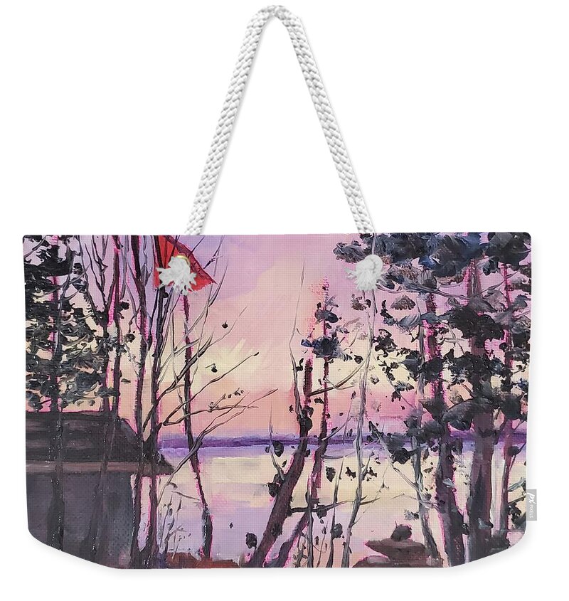 Landscape Weekender Tote Bag featuring the painting Sunset Lakeside by Sheila Romard