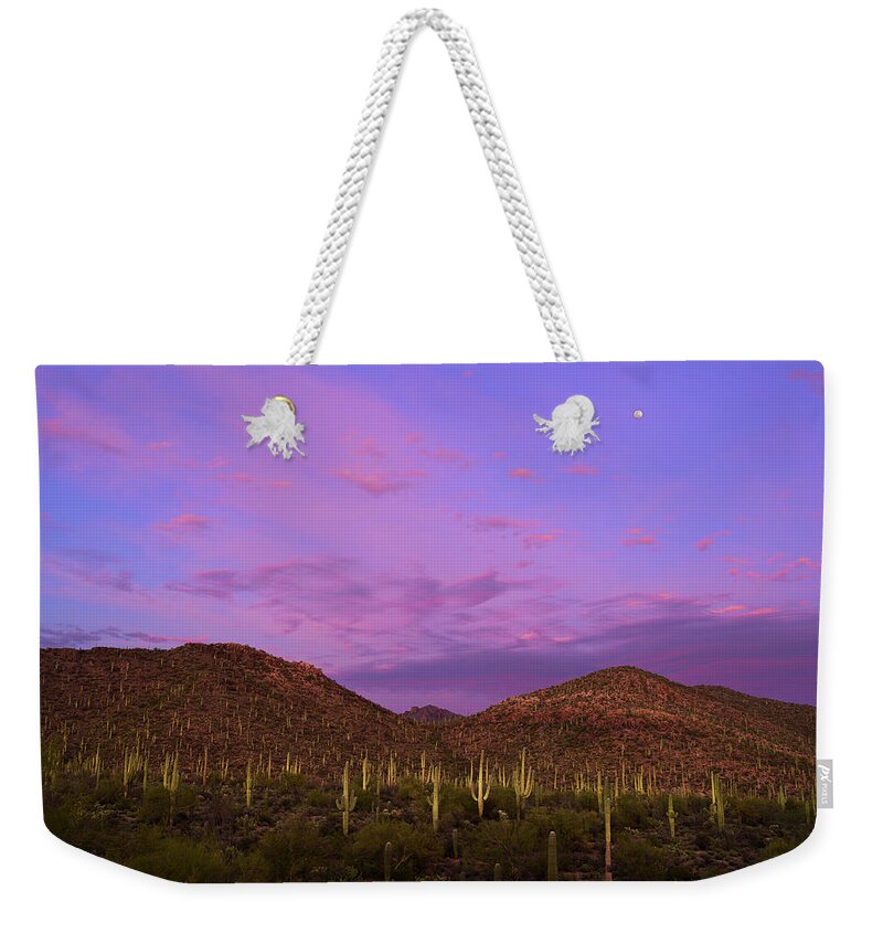 Arizona Weekender Tote Bag featuring the photograph Sunset Moonrise over Tower Peak by James Covello