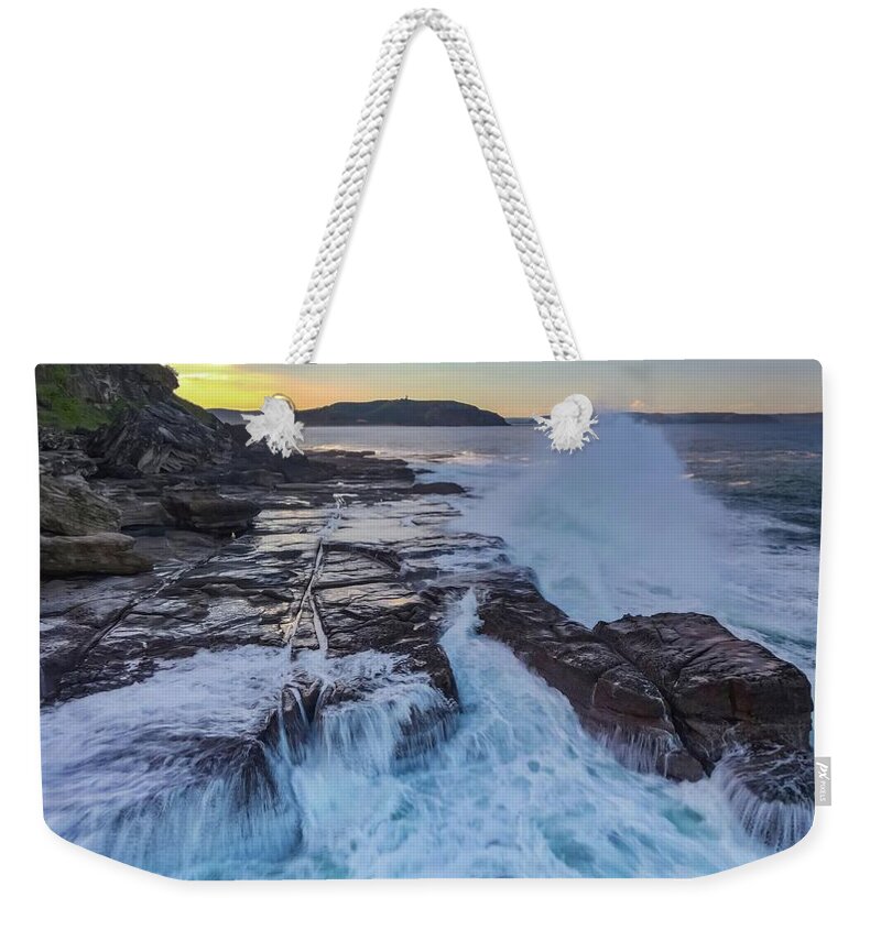 Beach; Sea; Blue; Beautiful; Nature Background; Seascape; Water; Landscape; Rocks; Cliffs; Rock Pool; Tourism; Travel; Summer; Holidays; Sea; Surf; Palm Beach Weekender Tote Bag featuring the photograph Sunset Near Palm Beach No 5 by Andre Petrov