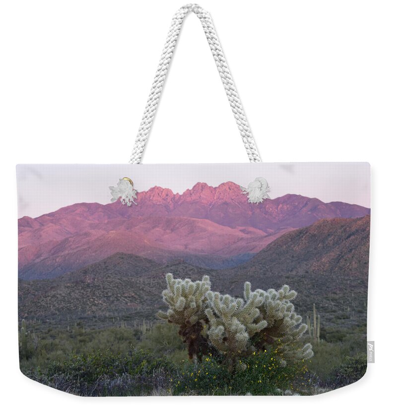 Four Peaks Weekender Tote Bag featuring the photograph Sunset on Four Peaks by Bonny Puckett