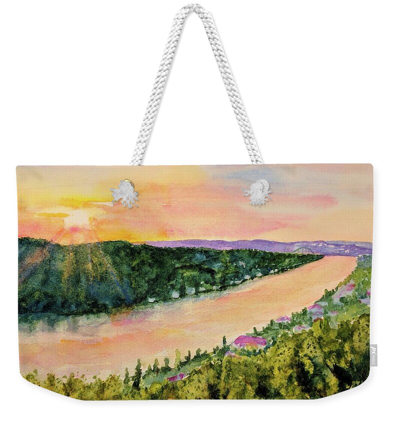 Texas Weekender Tote Bag featuring the painting Sunset on Mount Bonnell by Carlin Blahnik CarlinArtWatercolor