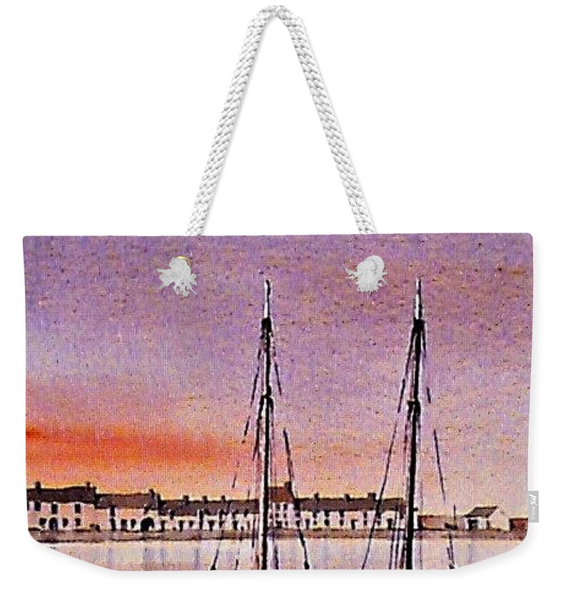  Weekender Tote Bag featuring the painting Sunset on the cladagh Galway by Val Byrne
