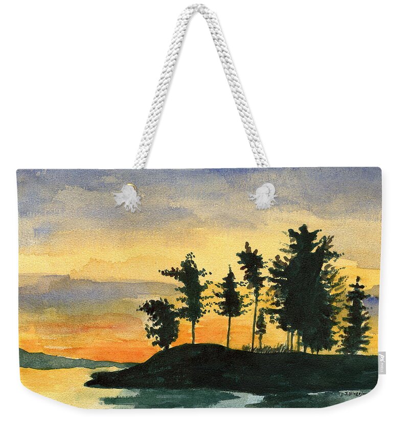 Sunset Weekender Tote Bag featuring the painting Sunset on the lake by Jeff Blazejovsky