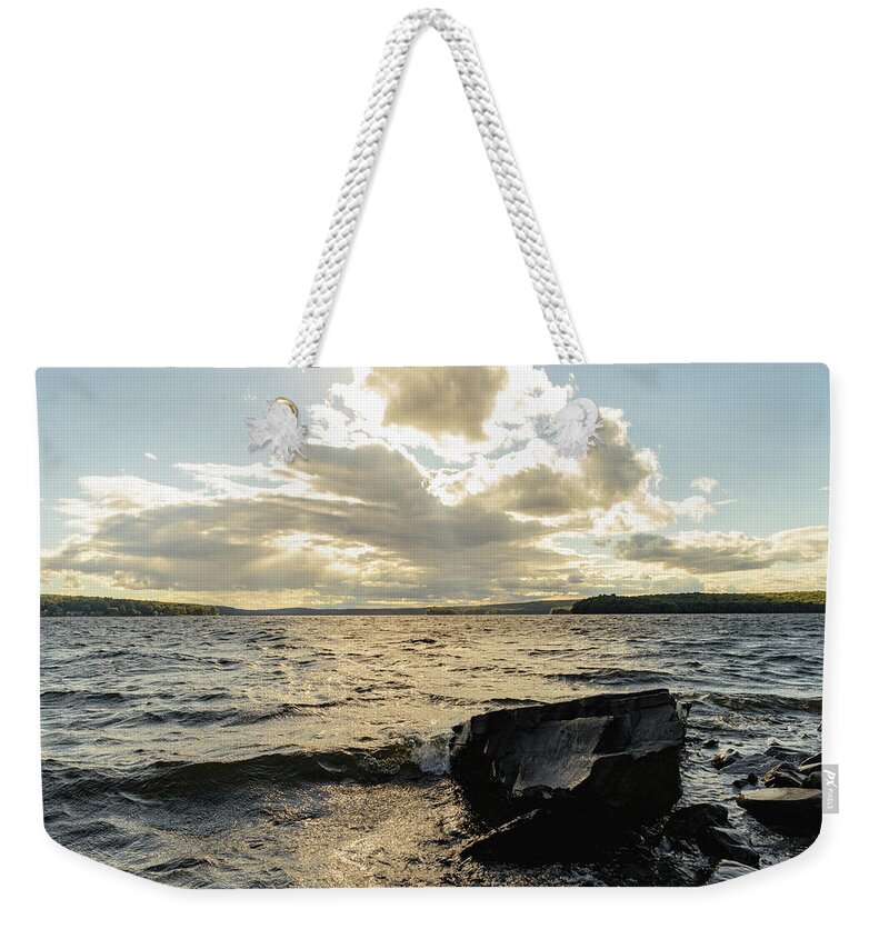  Sea Weekender Tote Bag featuring the photograph Sunset on the Lake - Lake Wallenpaupack Beach by Amelia Pearn