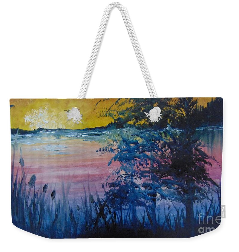 Lake Weekender Tote Bag featuring the painting Sunset on the Lake by Saundra Johnson