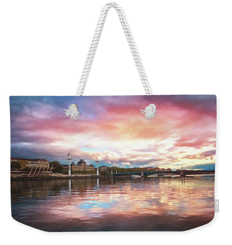 Lyon Weekender Tote Bag featuring the photograph Sunset on the Rhone River Lyon France by Carol Japp