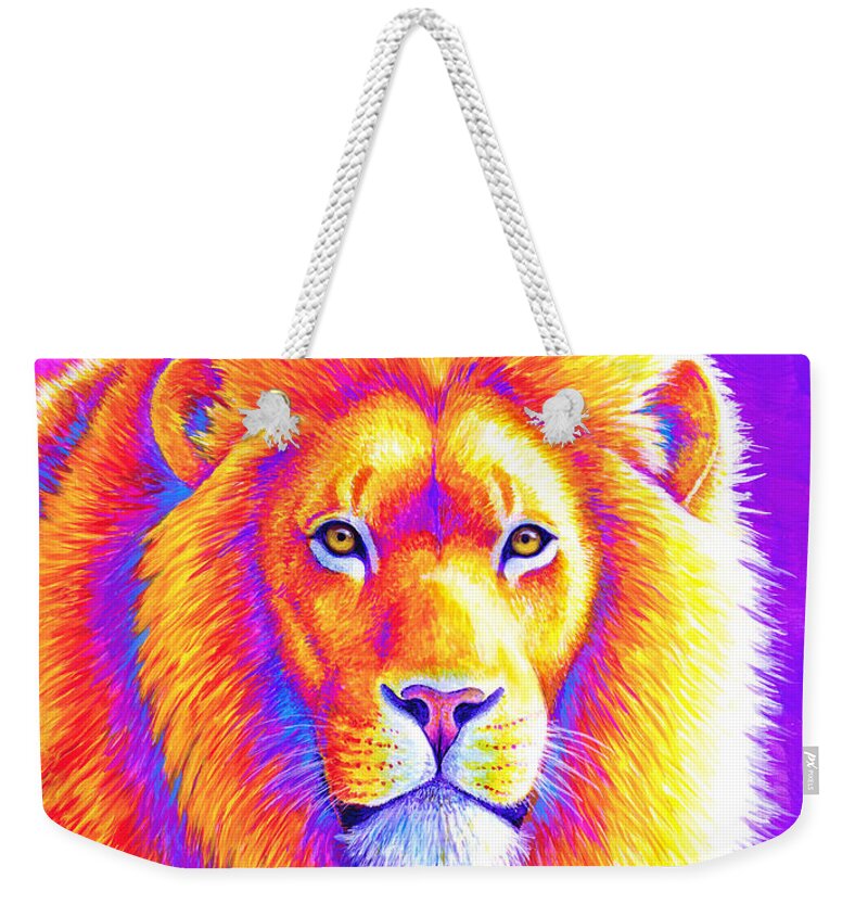 Lion Weekender Tote Bag featuring the painting Sunset on the Savanna - African Lion by Rebecca Wang