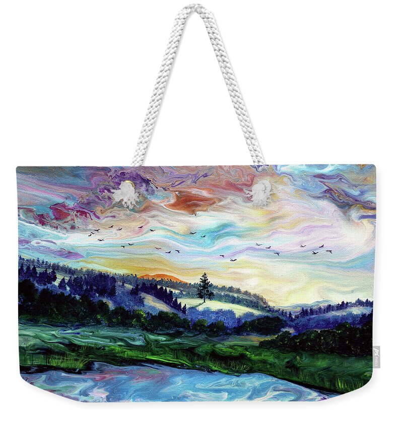 Sunset Weekender Tote Bag featuring the painting Sunset Over a Distant Tree by Laura Iverson