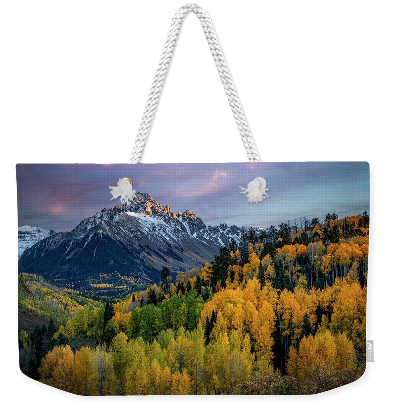 Colorado Weekender Tote Bag featuring the photograph Sunset over Mount Sneffels near Ridgway Colorado by Teri Virbickis