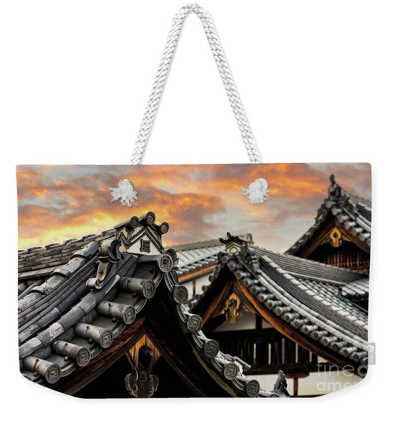 Gion Weekender Tote Bag featuring the photograph Sunset over the rooftops of historic Gion, Kyoto, Japan by Jane Rix