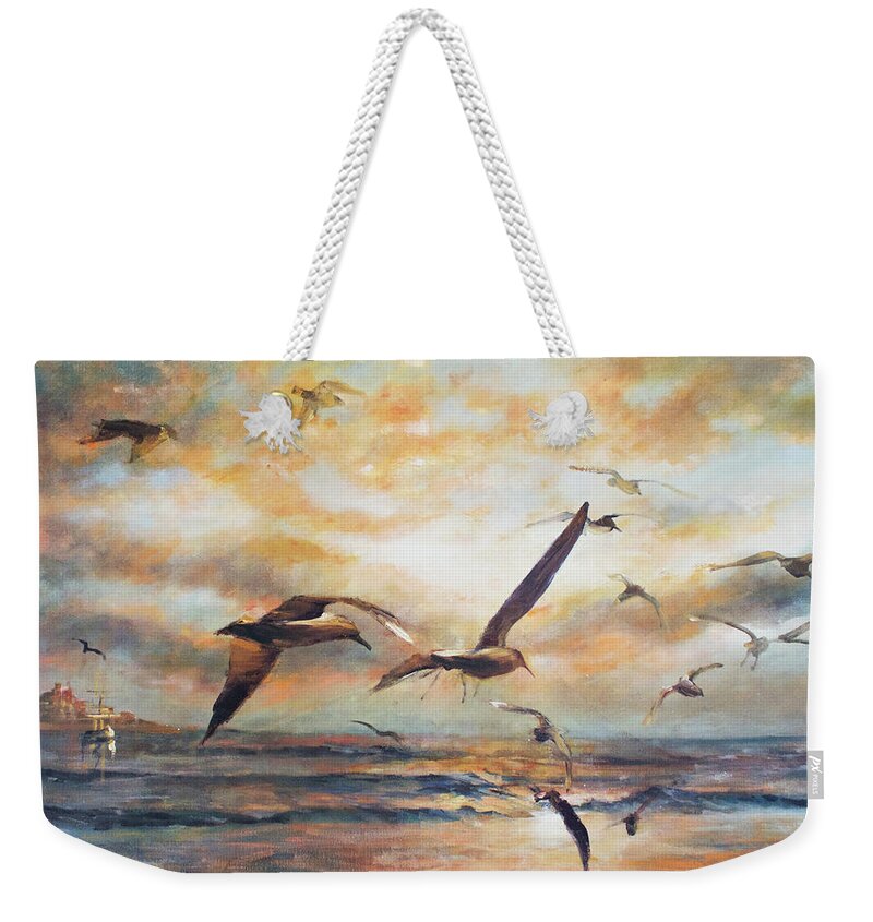 Seagull Jonathan Livingstone Weekender Tote Bag featuring the painting Sunset over the sea by Vali Irina Ciobanu