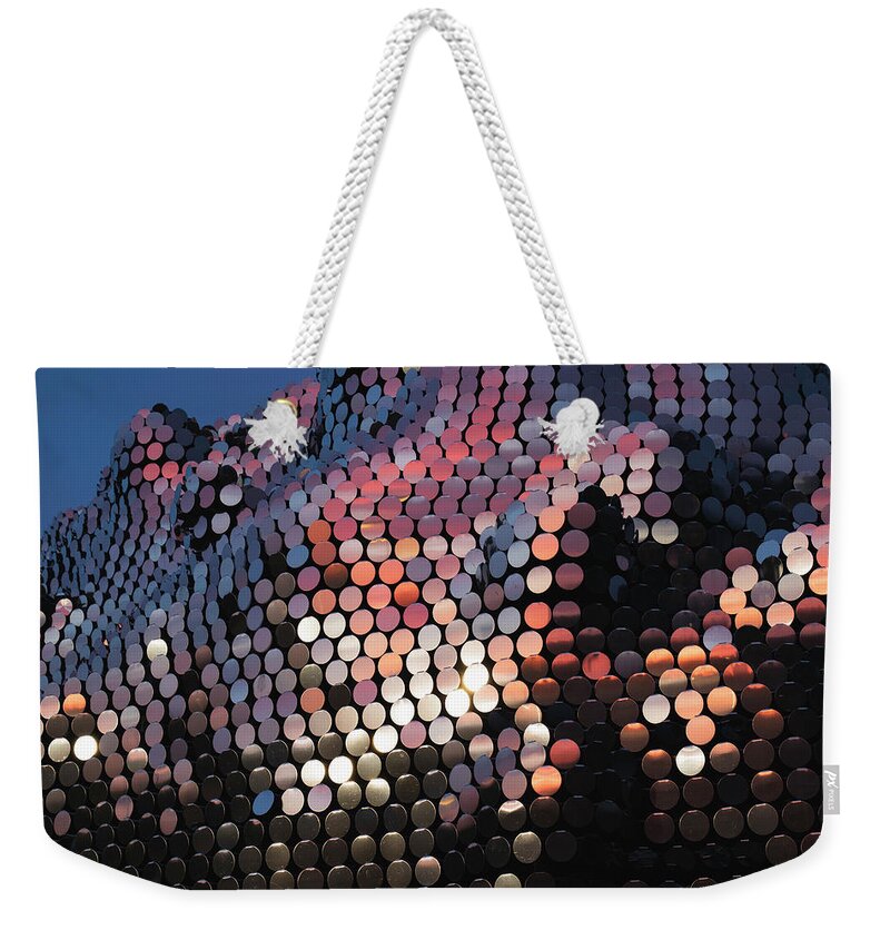 Subtile Weekender Tote Bag featuring the photograph Sunset Reflection in Subtile Sculpture by Gary Geddes