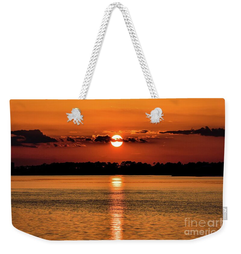 Sunset Weekender Tote Bag featuring the photograph Sunset Reflection on Pensacola Bay by Beachtown Views