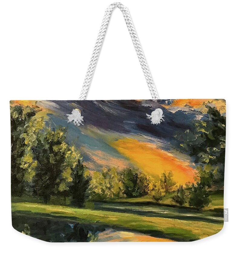 Original Oil Painting Weekender Tote Bag featuring the painting Sunset Reflections by Sherrell Rodgers