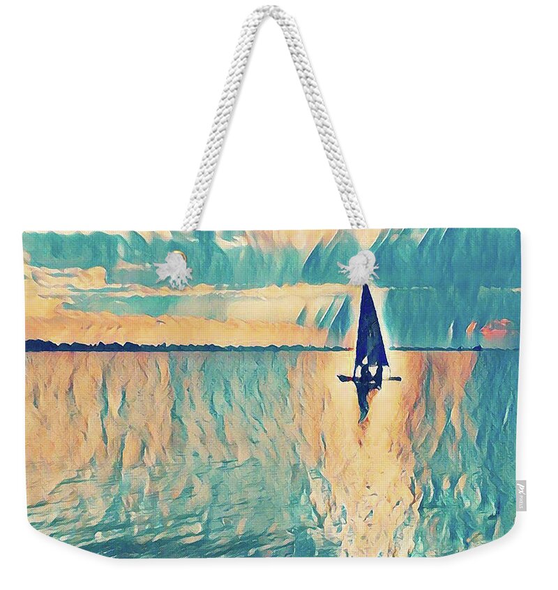 Sail Boat Weekender Tote Bag featuring the painting Sunset Sailing by Tatiana Fess