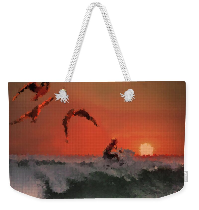 Surfing Weekender Tote Bag featuring the mixed media Sunset Surfing by Alex Mir