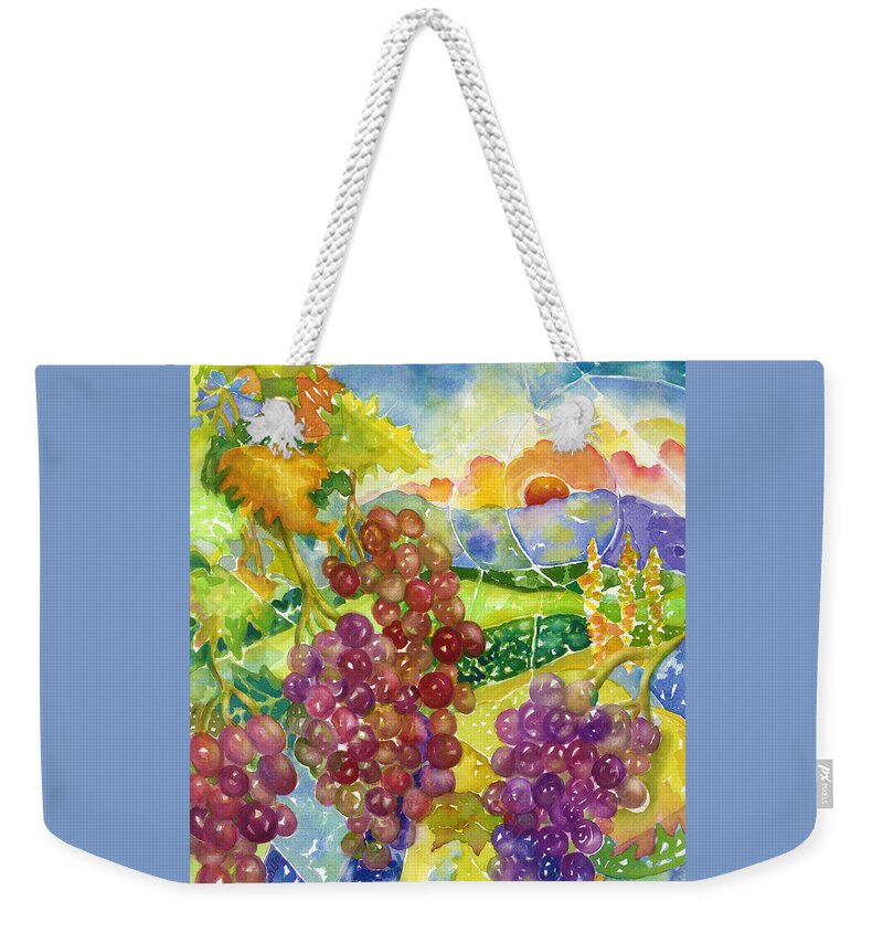 Grapes Weekender Tote Bag featuring the painting Sunset Vineyard by Ann Nicholson