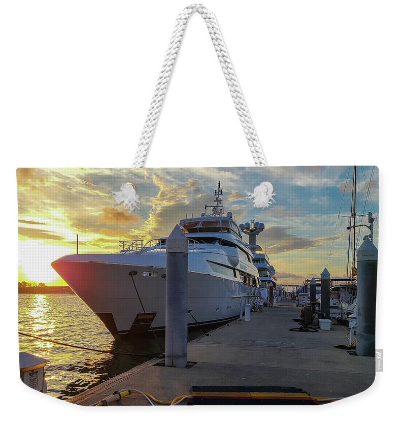 Sunset Weekender Tote Bag featuring the photograph Sunset Yacht by Sand Catcher