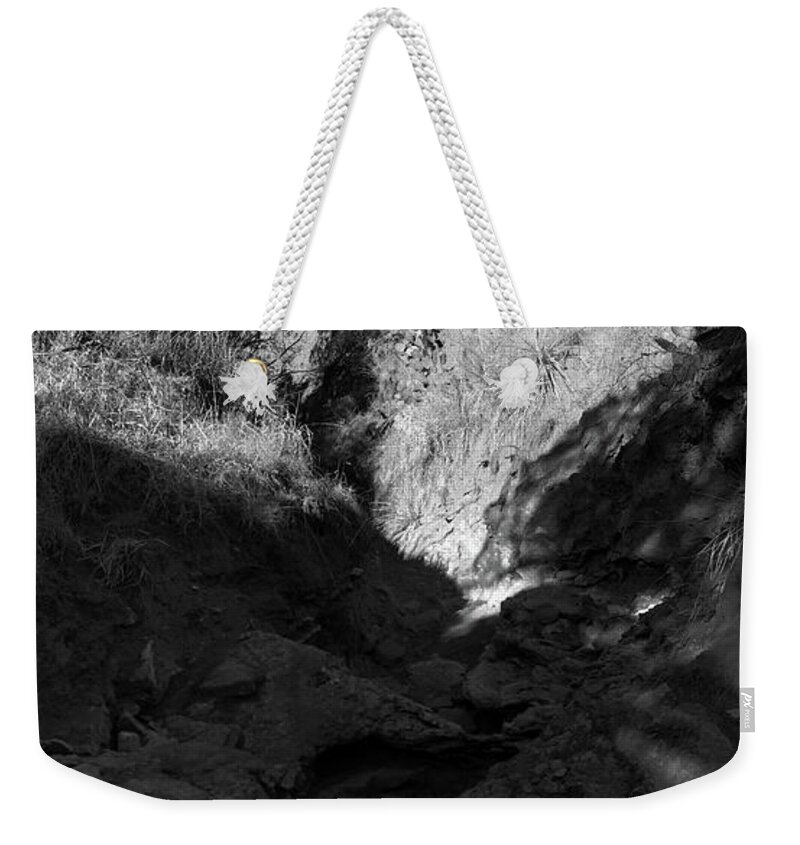 Richard E. Porter Photography Weekender Tote Bag featuring the photograph Sunshine and Shade-Dry Creek Bed - Caprock Canyons State Park, Texas by Richard Porter