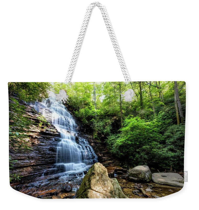 Benton Weekender Tote Bag featuring the photograph Sunshine at the Benson Waterfall by Debra and Dave Vanderlaan
