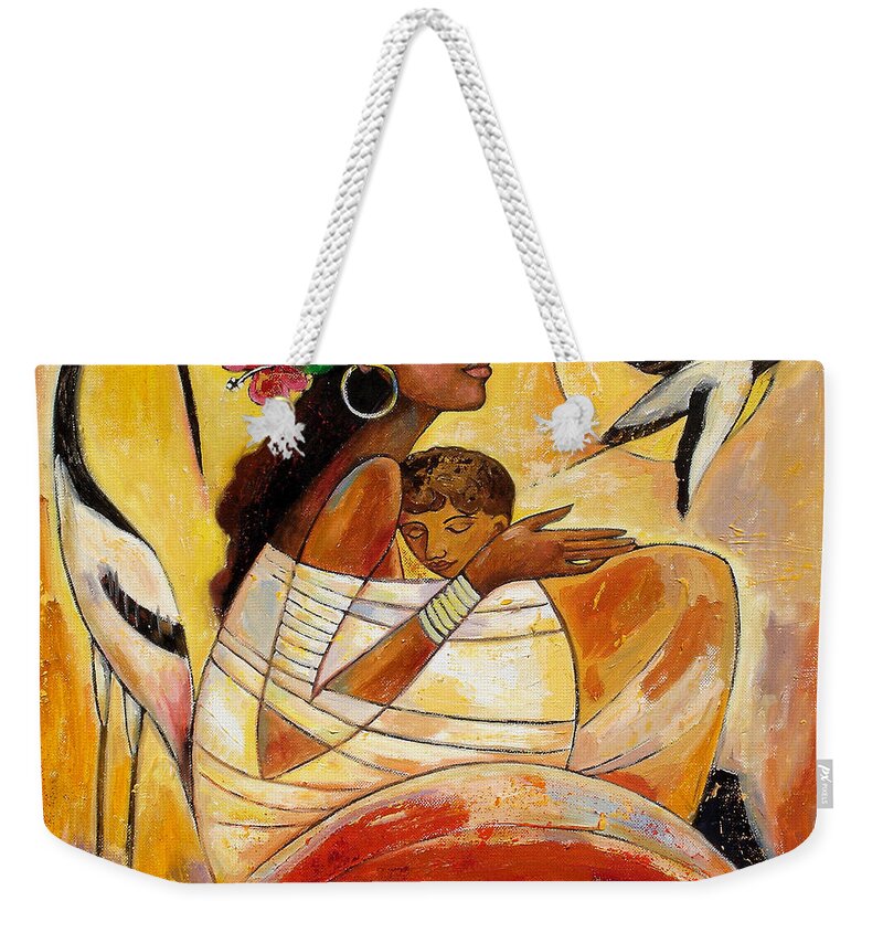 Mother And Child Weekender Tote Bag featuring the painting Sunshine Mother and Child by Shijun Munns
