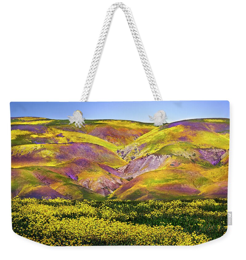 Wildflowers Weekender Tote Bag featuring the photograph Superbloom Hills Above Carrizo Plain, California by Brian Tada