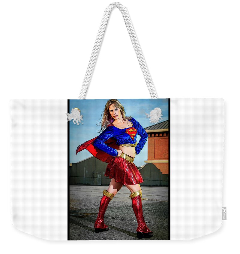 Cosplay Weekender Tote Bag featuring the pyrography Supergirl #3 by Christopher W Weeks