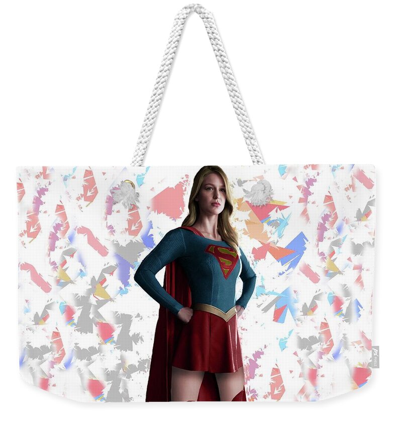 Supergirl Weekender Tote Bag featuring the mixed media Supergirl Splash Super Hero Series by Movie Poster Prints