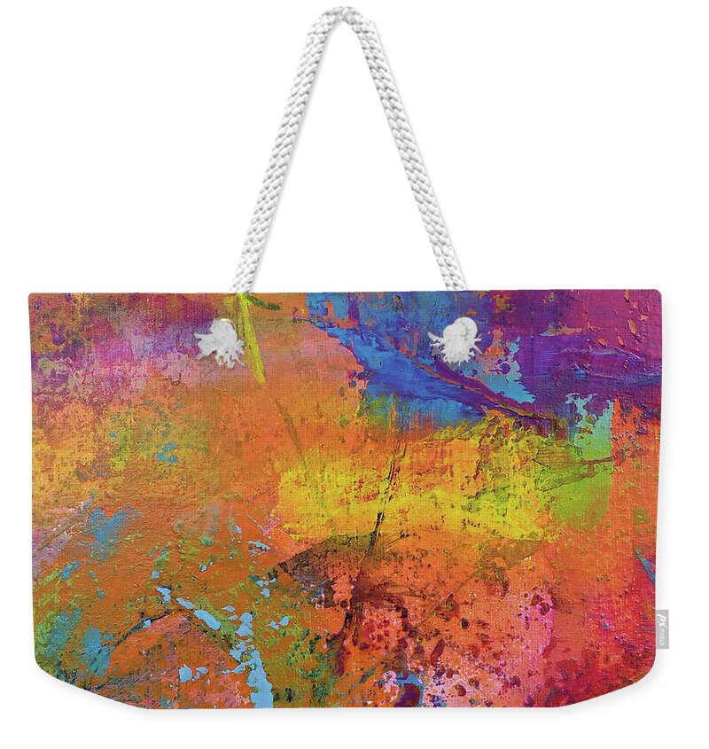 Bright Weekender Tote Bag featuring the painting SUPERNOVA Colorful Abstract Painting in Red Orange Yellow Blue Pink by Lynnie Lang