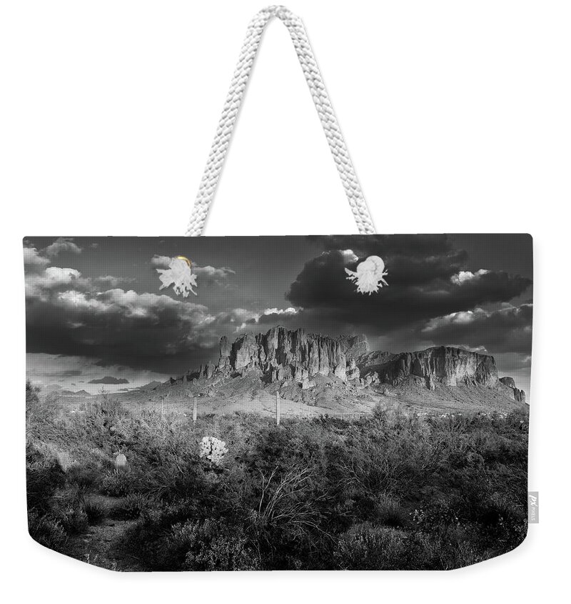 Superstition Mountains Weekender Tote Bag featuring the photograph Superstition Mountains Black and White by Chance Kafka