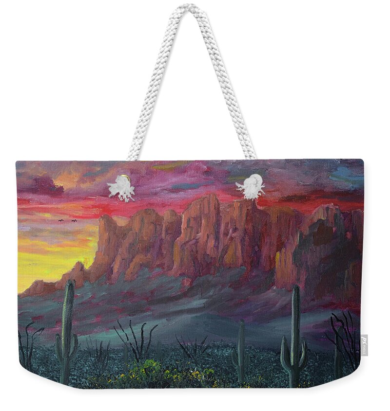 Superstition Mountains Weekender Tote Bag featuring the painting Superstition Mountains Sunrise by Chance Kafka