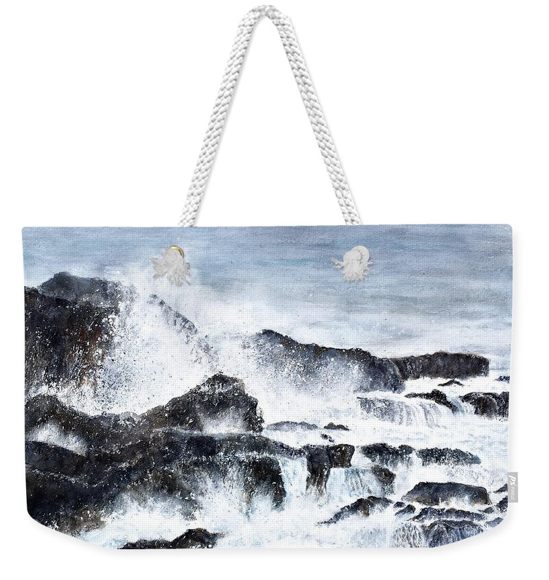 Ocean Weekender Tote Bag featuring the painting Surf on a Rocky Coast by Wendy Keeney-Kennicutt