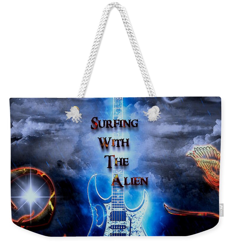 Surfing With The Alien Weekender Tote Bag featuring the digital art Surfing With The Alien by Michael Damiani