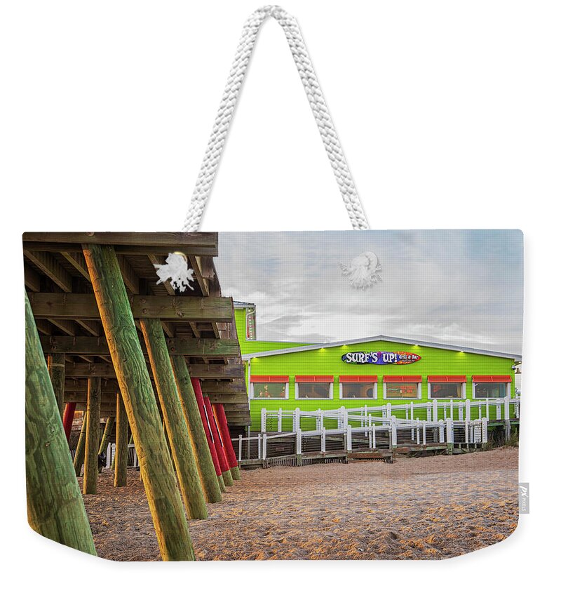 Surf's Up Weekender Tote Bag featuring the photograph Surf's Up at Bogue Inlet Pier - Emerald Isle NC by Bob Decker