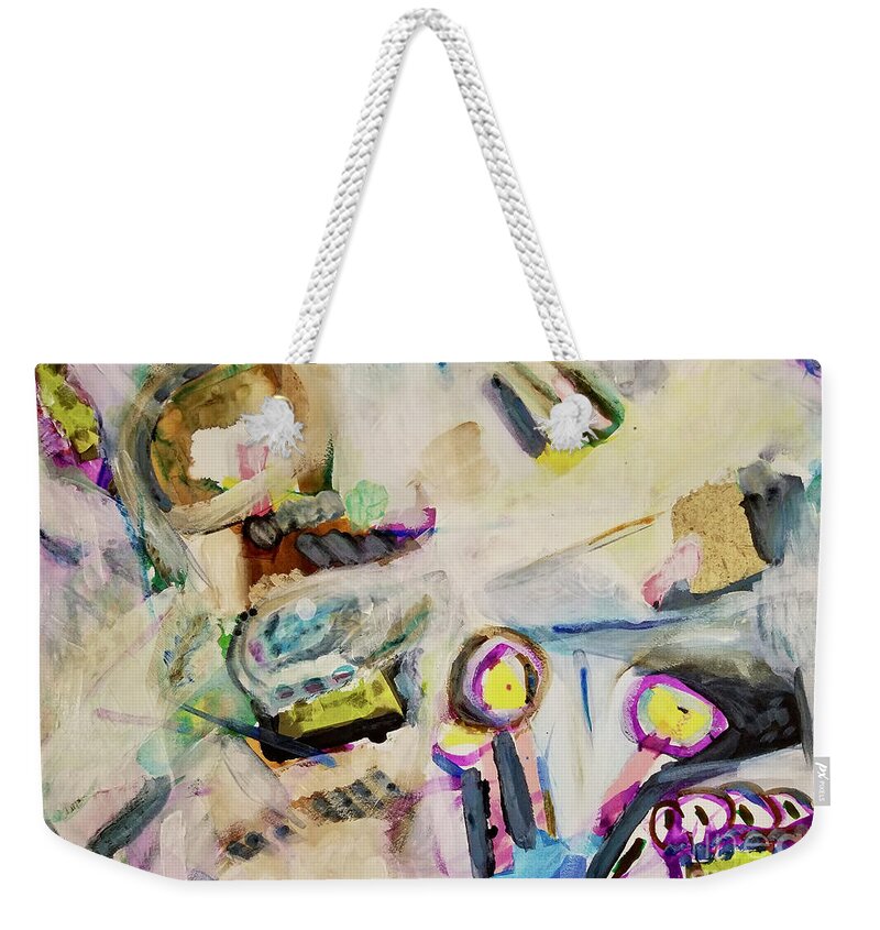 Abstract Weekender Tote Bag featuring the painting Surpressing the Pink by Catherine Gruetzke-Blais