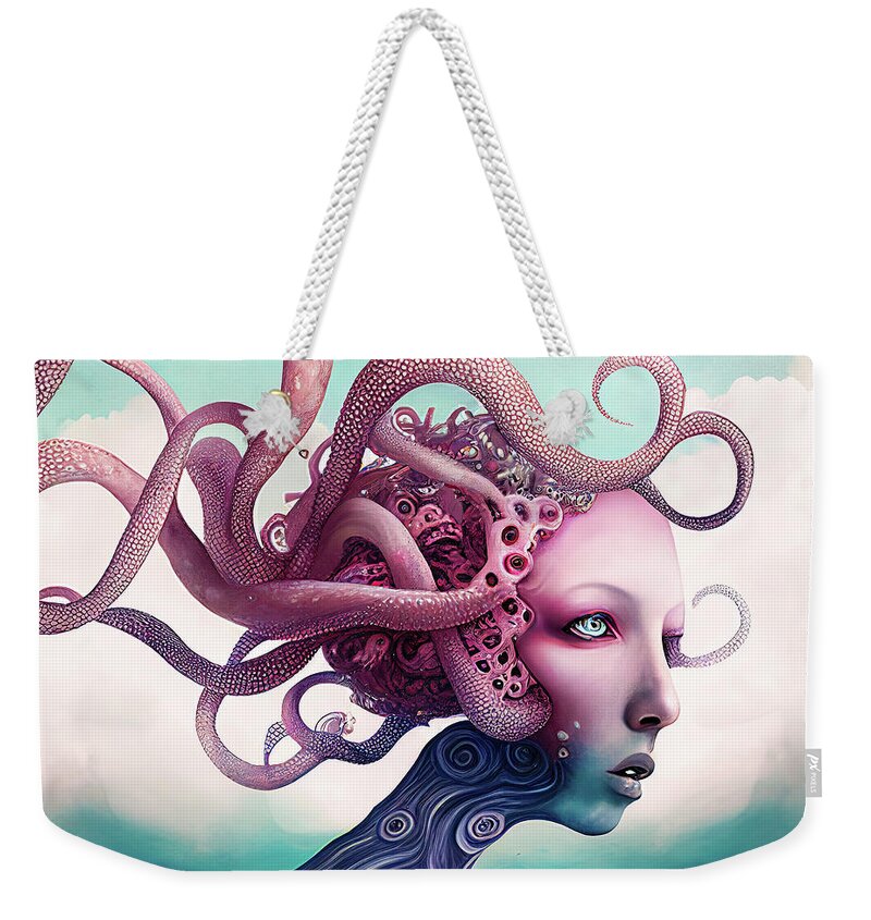 Octopus Weekender Tote Bag featuring the digital art Surreal Hybrid Creature 02 Octopus and Human by Matthias Hauser