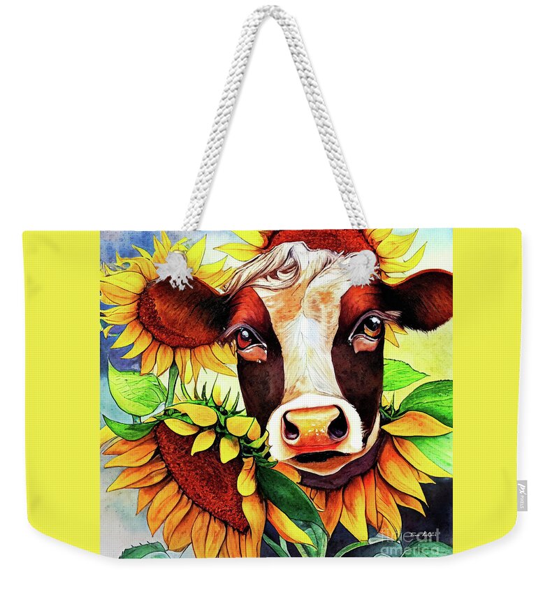 Brown Cow Weekender Tote Bag featuring the painting Surrounded By Sunflowers by Tina LeCour