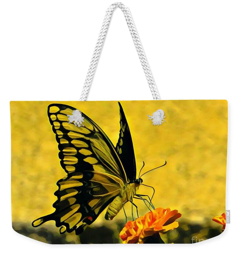 Butterfly Weekender Tote Bag featuring the painting Swallowtail on Marigold by Marilyn Smith